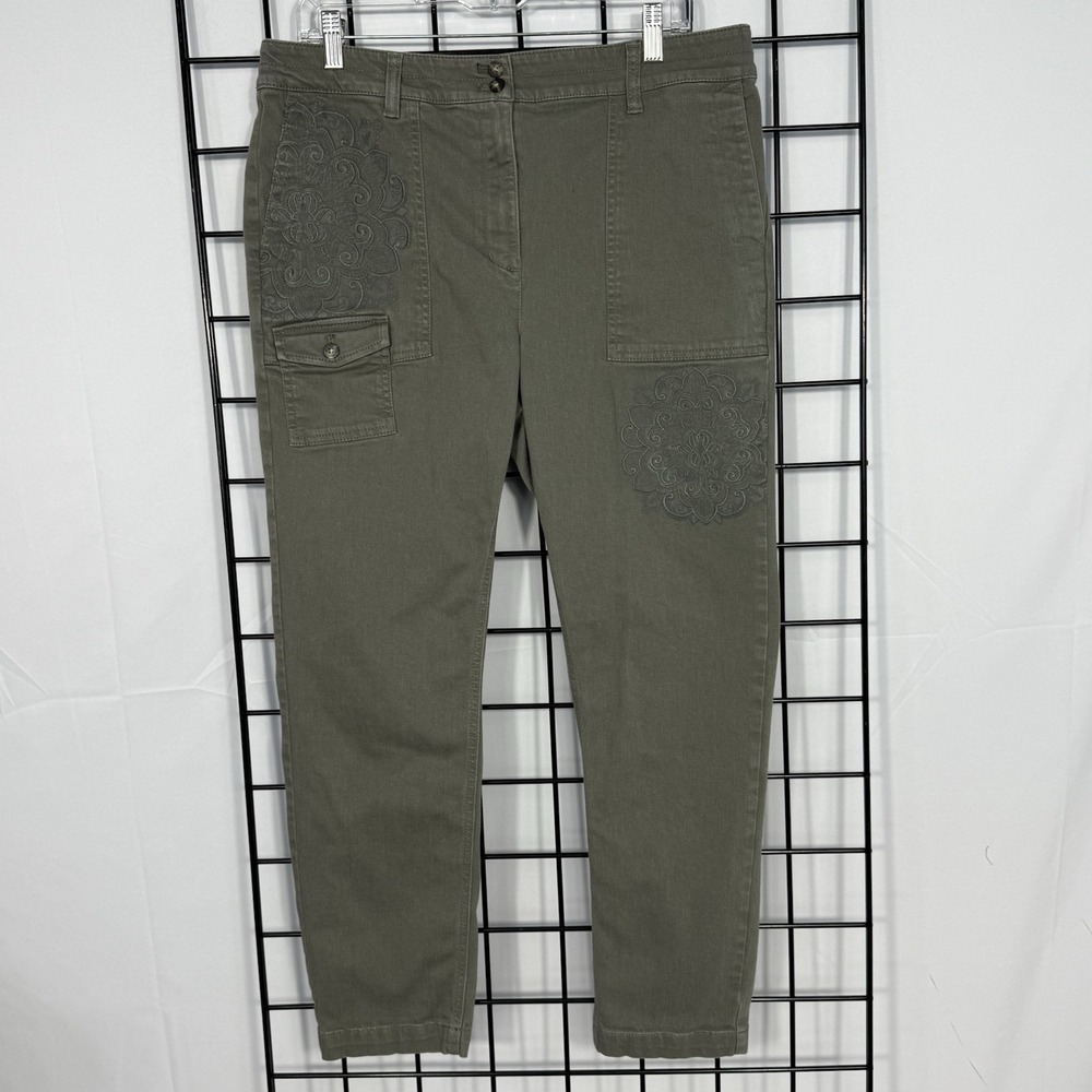 J. Jill Floral Embroidered Ankle Pants Womens 14 Army Green Casual Stretch‎